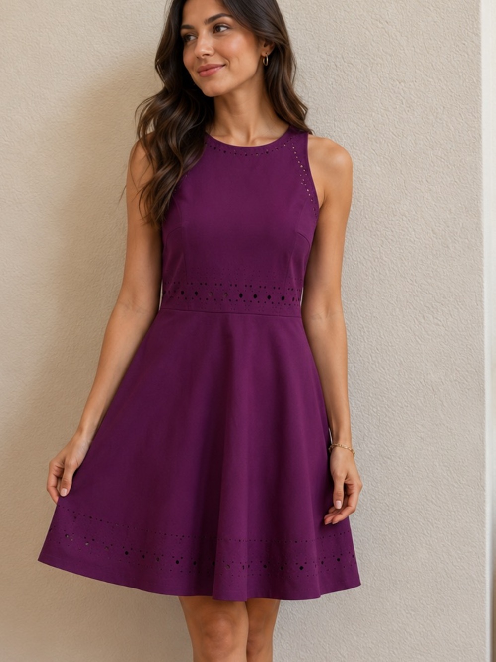 Elizabeth and James Sleeveless Dress – Size 2 – Eggplant Laser Cut